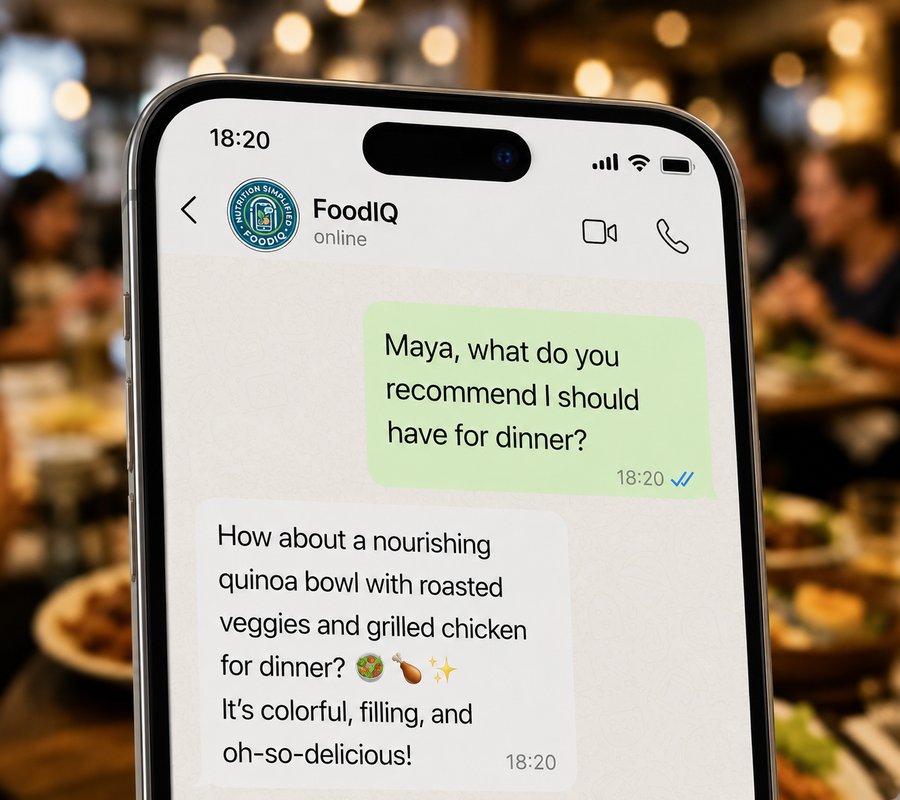 A WhatsApp conversation on a phone where a user asks Maya for dinner recommendations and receives a warm, specific suggestion